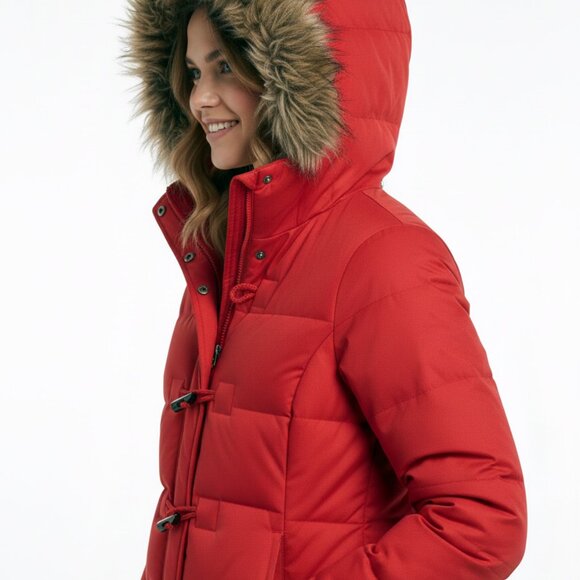 ESPRIT Women's Red Puffer Jacket Faux Fur Hood Toggle Winter Down Coat Size (M) - Picture 7 of 9